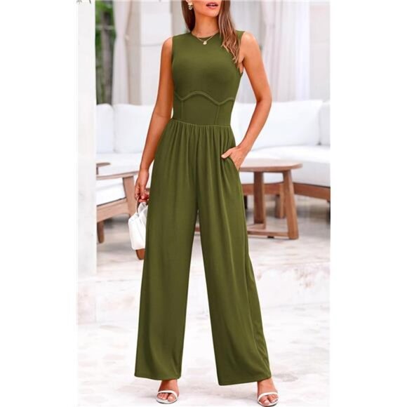 Women's Summer Sleeveless One Piece Jumpsuits Green - Picture 4 of 6